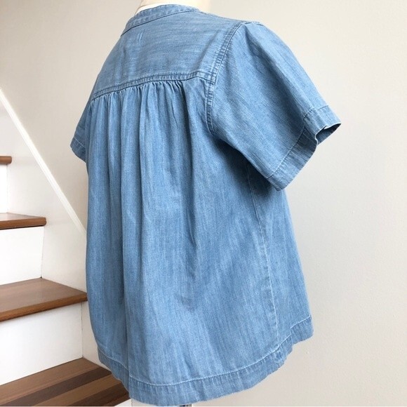 Madewell Blouse Womens Size XXS Blue Chambray Short Sleeve V Neck Oversized Boxy - Picture 7 of 11